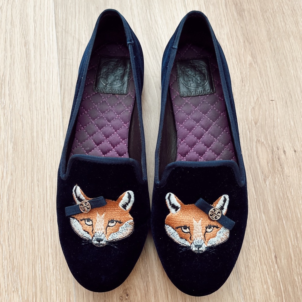 Tory Burch Velvet Fox Loafer Smoking Slipper Blue Embroidery Lux Quiet Luxury